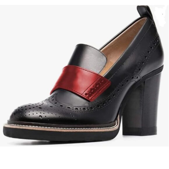 YDN Black/Red Chunky High Heels Round Toe Oxford Loafer Dress Shoe - Picture 1 of 8
